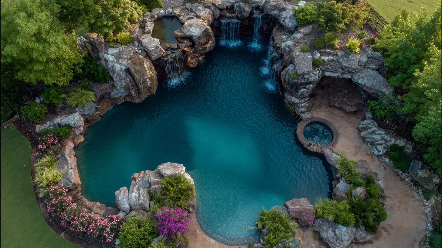 Custom inground pool with natural rock waterfall in Tulsa, OK