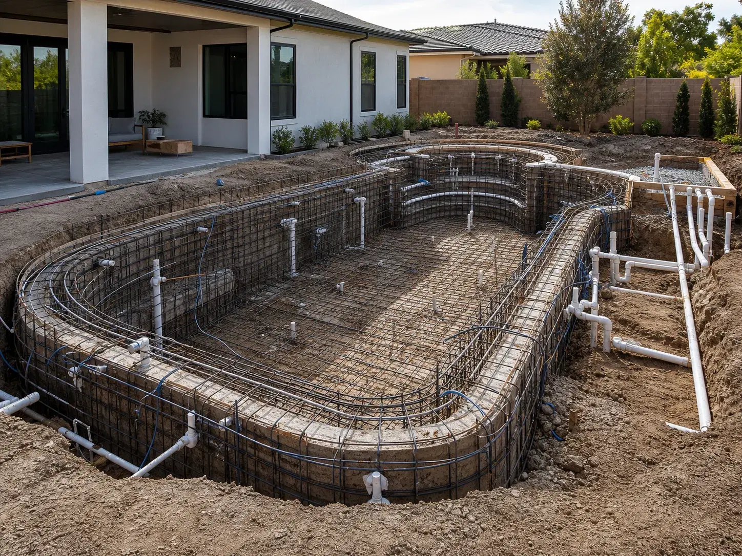 Steel rebar cage and plumbing rough-in for pool shell